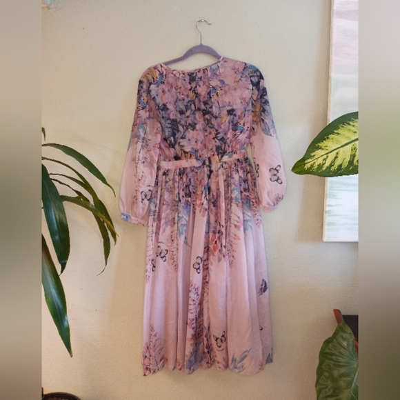 Feminine Fairycore Silk Floral and Butterfly Pastel Purple Whimsical Midi Dress - Picture 9 of 13